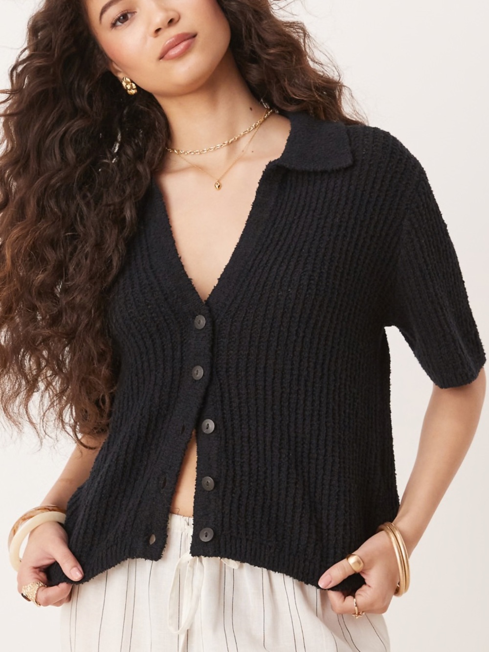 Abercrombie Black Knit Short-Sleeve Button-Up Cardigan